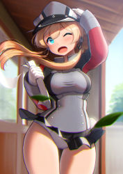 Rule 34 | 1girl, aqua eyes, black skirt, blonde hair, blush, breasts, cowboy shot, gloves, grey hat, hair between eyes, hat, holding, holding paper, kantai collection, large breasts, leaf, long hair, long sleeves, maku ro, military, military hat, military uniform, miniskirt, one eye closed, open mouth, panties, paper, peaked cap, pleated skirt, prinz eugen (kancolle), skirt, solo, underwear, uniform, white gloves, white panties, wind, wind lift