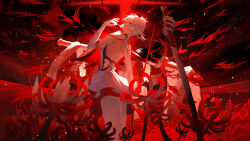 1girl absurdres back blood bloody_tears camellya_(wuthering_waves) dress field flower flower_field from_behind highres ktl_suda looking_at_viewer looking_back planted planted_sword planted_weapon red_eyes red_theme skeletal_hand solo spider_lily sword weapon white_dress white_hair wuthering_waves