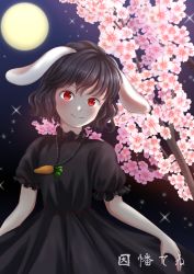 Rule 34 | 1girl, alternate color, animal ears, black dress, black hair, blush, branch, carrot necklace, character name, cherry blossoms, closed mouth, commentary request, cowboy shot, dress, flat chest, floppy ears, frilled sleeves, frills, full moon, highres, inaba tewi, jewelry, kyabekko, looking at viewer, moon, necklace, pendant, puffy short sleeves, puffy sleeves, rabbit ears, red eyes, short hair, short sleeves, smile, solo, touhou, wavy hair