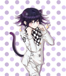 Rule 34 | 1boy, :3, animal ear fluff, animal ears, cat ears, cat tail, checkered clothes, checkered scarf, commentary request, cowboy shot, danganronpa (series), danganronpa v3: killing harmony, hair between eyes, hands up, highres, jacket, japduk s2, long sleeves, looking at viewer, male focus, open mouth, oma kokichi, pants, paw pose, polka dot, polka dot background, purple eyes, purple hair, scarf, short hair, smile, solo, sparkle, straitjacket, tail, white jacket, white pants