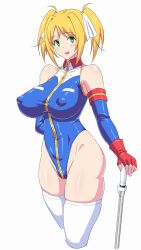 Rule 34 | 1girl, blonde hair, blue leotard, breasts, covered erect nipples, earth federation, green eyes, gundam, gundam 0079 card builder, gundam card builder, highleg, highleg leotard, highres, large breasts, leotard, long hair, looking at viewer, muchabou, reiko holinger, shiny skin, short twintails, simple background, skin tight, solo, standing, thighhighs, twintails, white background, white thighhighs