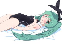 Rule 34 | 1girl, alternate costume, animal ears, aqua eyes, aqua hair, arched back, black leotard, blush, bow, bowtie, breasts, closed mouth, commentary request, cowboy shot, detached collar, fake animal ears, fake tail, female focus, furuyama itaru, hatsune miku, leotard, long hair, looking at viewer, lying, matching hair/eyes, medium breasts, on back, playboy bunny, rabbit ears, rabbit tail, simple background, skindentation, sleeveless, solo, strapless, strapless leotard, sweat, tail, thighs, twintails, very long hair, vocaloid, wet, white background, wrist cuffs