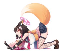 Rule 34 | 1girl, 28 (282teeth), absurdres, all fours, animal ears, ass, bare shoulders, black gloves, black hair, blue archive, blush, breasts, closed eyes, elbow gloves, eyeliner, fang, fingerless gloves, fishnet thighhighs, fishnets, fox ears, fox girl, fox tail, gloves, hair ornament, halo, highres, izuna (blue archive), loafers, makeup, medium breasts, medium hair, pleated skirt, sash, school uniform, serafuku, shoes, skirt, sleeveless, solo, tail, tears, thighhighs, yawning
