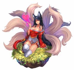 Rule 34 | 1girl, ahri (league of legends), animal ears, arm support, bare shoulders, black hair, breasts, cleavage, collarbone, detached sleeves, facial mark, fox ears, fox tail, heart, highres, kitsune, korean clothes, kyuubi, large breasts, league of legends, long hair, multiple tails, orange eyes, qbspdl, sandals, simple background, sitting, slit pupils, solo, tail, tassel, thighhighs, very long hair, white background, white thighhighs, wide sleeves