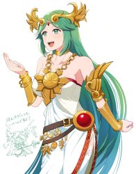 Rule 34 | ancient greek clothes, armlet, bare shoulders, breasts, chiton, collar, dress, forehead jewel, gold, green eyes, green hair, highres, jewelry, kid icarus, kid icarus uprising, laurel crown, long hair, mow (m mow), nintendo, palutena, parted bangs, pendant, side slit, single thighhigh, strapless, strapless dress, thighhighs, vambraces, very long hair, white dress