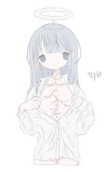 Rule 34 | 1girl, artist name, blunt bangs, collared shirt, cropped legs, flat color, grey hair, halo, highres, lightning bolt symbol, long hair, long sleeves, looking at viewer, open clothes, open shirt, original, outo eguchi, shirt, simple background, solo, static, static eyes, white background, white shirt