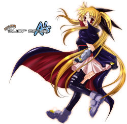 Rule 34 | 00s, 1girl, ayano naoto, belt, blonde hair, cape, fate testarossa, fate testarossa (lightning form), fingerless gloves, gloves, lyrical nanoha, magical girl, mahou shoujo lyrical nanoha, mahou shoujo lyrical nanoha a&#039;s, red eyes, solo, thighhighs, twintails