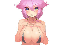 Rule 34 | 1girl, absurdres, areola slip, bare shoulders, bikini, bikini in mouth, blue eyes, breasts, cleavage, clothes in mouth, covered erect nipples, hair between eyes, hair ornament, highres, honkai (series), honkai impact 3rd, johnny-chan, large breasts, looking at viewer, nail polish, nipples, pink hair, pink nails, simple background, solo, swimsuit, upper body, white background, yae sakura