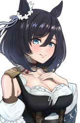 Rule 34 | 1girl, absurdres, apron, black hair, black sleeves, blouse, blue eyes, bob cut, bodice, breasts, choker, cleavage, commentary, detached sleeves, dirndl, ear scrunchie, eishin flash (umamusume), frilled apron, frilled sleeves, frills, from side, german clothes, hair between eyes, hand on own face, highres, horse girl, looking at viewer, looking to the side, medium breasts, red choker, scrunchie, shirt, short hair, simple background, smile, solo, take978733141, umamusume, upper body, white apron, white background, white scrunchie, white shirt