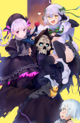 Rule 34 | ahoge, bell, bikini, black bikini, black dress, black headwear, bow, braid, braided ponytail, breasts, capelet, carrying over shoulder, christmas, cleavage, dress, elbow gloves, fate/grand order, fate (series), frilled dress, frills, full body, fur-trimmed capelet, fur trim, gloves, gothic lolita, green eyes, hair ornament, hat, headpiece, heart, highres, jack the ripper (fate/apocrypha), jeanne d&#039;arc (fate), jeanne d&#039;arc alter santa lily (fate), king hassan (fate), layered dress, lolita fashion, long hair, long skirt, looking at viewer, multiple girls, nursery rhyme (fate), open mouth, pleated dress, pleated skirt, puffy short sleeves, puffy sleeves, purple eyes, ribbon, rubber duck, short sleeves, simple background, skirt, small breasts, smile, swimsuit, thighhighs, thighs, two-tone background, virtu.al, white hair, yellow eyes, zettai ryouiki