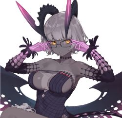 Rule 34 | 1girl, absurdres, bare shoulders, black dress, breasts, choker, cleavage, collarbone, colored skin, detached sleeves, dress, fate/grand order, fate (series), glasses, grey hair, grey skin, highres, horns, jacques de molay (foreigner) (fate), jacques de molay (foreigner) (third ascension) (fate), large breasts, looking at viewer, red cucumber, short dress, short hair, thighs, yellow eyes