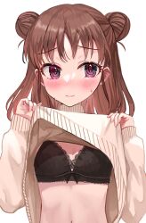 Rule 34 | 1girl, absurdres, black bra, blush, bra, brown hair, clothes lift, double bun, flat chest, full-face blush, hair bun, highres, idolmaster, idolmaster cinderella girls, lace, lace-trimmed bra, lace trim, lifted by self, light smile, looking away, medium hair, munakata atsumi, rum raisin (chihiromakita19), simple background, solo, sweatdrop, sweater, sweater lift, underwear, upper body, white background