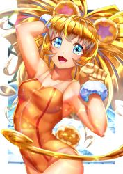 Rule 34 | 1girl, :d, absurdres, animal ears, animal hands, bare arms, bear ears, bear girl, bear tail, blonde hair, blue eyes, breasts, competition swimsuit, cure mofurun, curecycadura, floating hair, fur-trimmed gloves, fur trim, gloves, highres, long hair, looking at viewer, mahou girls precure!, medium breasts, one-piece swimsuit, open mouth, orange one-piece swimsuit, paw gloves, precure, smile, solo, standing, swimsuit, tail, very long hair, yellow gloves