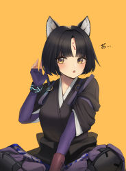 Rule 34 | 1girl, :o, absurdres, alternate hair length, alternate hairstyle, animal ears, arknights, black hair, black kimono, blush, bracelet, dog ears, dong ji, elbow gloves, facial mark, fingerless gloves, forehead mark, gloves, hand up, highres, japanese clothes, jewelry, kimono, knee pads, looking at viewer, open mouth, pants, parted bangs, purple gloves, purple pants, saga (arknights), short hair, simple background, sitting, solo, yellow background, yellow eyes