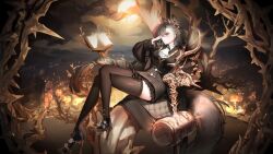 Rule 34 | 1girl, absurdres, animal ears, arknights, ascot, black coat, black thighhighs, book, border, braid, brown hair, coat, commentary, english commentary, full body, full moon, gold trim, hair ornament, hammer, hand up, highres, in tree, moon, mountainous horizon, open book, ornate border, outdoors, penance (arknights), ponytail, ribiadan, sitting, sitting in tree, solo, swept bangs, tail, thighhighs, thorns, tree, white ascot, wolf ears, wolf girl, wolf tail