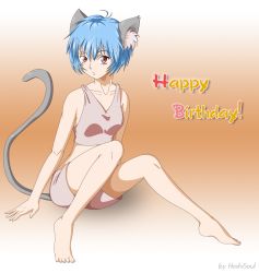 Rule 34 | animal ears, ayanami rei, barefoot, blue hair, cat ears, cat tail, english text, feet, flat chest, happy birthday, highres, hoshisoul, kemonomimi mode, neon genesis evangelion, red eyes, self-upload, short hair, shorts, sitting, solo, tail, tank top, vector trace