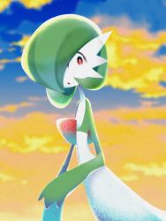 Rule 34 | 1girl, 4shiki, backlighting, blue sky, bob cut, bright pupils, cloud, colored skin, constricted pupils, creatures (company), day, female focus, flat chest, game freak, gardevoir, gen 3 pokemon, green hair, green skin, hair over one eye, highres, looking back, multicolored skin, nintendo, one eye covered, open mouth, orange sky, outdoors, pokemon, pokemon (creature), red eyes, short hair, sky, solo, sunset, two-tone skin, white pupils, white skin