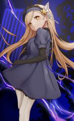 Rule 34 | 1girl, absurdres, black gloves, blonde hair, blue dress, blue hairband, blush, butterfly hair ornament, dress, elbow gloves, from side, gloves, hair ornament, hairband, highres, lavenza (persona 5), long hair, looking at viewer, persona, persona 5, puffy short sleeves, puffy sleeves, short sleeves, solo, swept bangs, thighhighs, velvet room, white thighhighs, xiaoshi (user dxvf4253), yellow eyes