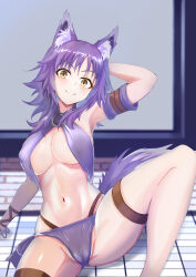 Rule 34 | 1girl, absurdres, animal ear fluff, animal ears, arm behind head, arm belt, arm strap, arm support, arm up, armpits, belt, bikini, blurry, blurry background, bracelet, breasts, cleavage, collarbone, commentary, criss-cross halter, halterneck, highleg, highleg bikini, highres, jewelry, large breasts, light blush, long hair, looking at viewer, makoto (princess connect!), makoto (summer) (princess connect!), mitsuhanako, multi-strapped bikini bottom, navel, o-ring, o-ring bikini, official alternate costume, princess connect!, purple bikini, purple hair, shadow, sidelocks, sitting, skindentation, smile, solo, spread legs, stomach, swimsuit, tail, thigh belt, thigh strap, wolf ears, wolf girl, wolf tail, yellow eyes