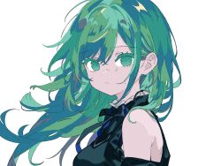 Rule 34 | 1girl, bare shoulders, black bow, black bowtie, black shirt, bow, bowtie, clothing cutout, frilled shirt collar, frills, green eyes, green hair, hair between eyes, highres, long hair, looking at viewer, mochu (aoishikabane), original, parted lips, shirt, shoulder cutout, sidelocks, simple background, solo, tsurime, upper body, white background