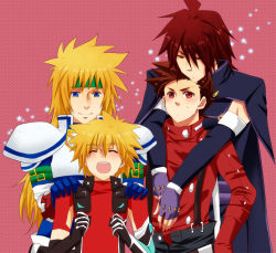 Rule 34 | 00s, 4boys, age difference, ahoge, amagi yuki (crisis of memory), bad id, bad pixiv id, blonde hair, blue eyes, blush, brown hair, closed eyes, father and son, gloves, kratos aurion, kyle dunamis, lloyd irving, long hair, male focus, multiple boys, pink background, red eyes, red hair, red shirt, shirt, smile, stahn aileron, tales of (series), tales of destiny, tales of destiny 2, tales of symphonia