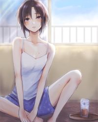 Rule 34 | 1girl, antenna hair, balcony, bare shoulders, black eyes, black hair, blue shorts, blush, breasts, camisole, collarbone, commentary, cup, drink, drinking glass, expressionless, hair between eyes, hand on own foot, highres, idolmaster, idolmaster (classic), iso (nh15mint), kikuchi makoto, looking at viewer, messy hair, on floor, railing, short hair, shorts, sitting, small breasts, solo, spread legs, sweat, tray, white camisole, window