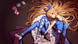 Rule 34 | 1girl, absurdres, alice (alice in wonderland), alice in wonderland, apron, bad id, bad pixiv id, blonde hair, bow, card, dress, gem (symbol), hair ribbon, highres, leggings, long hair, looking at viewer, lying, on side, playing card, pocket watch, ramboo, ramboo pdy03, red eyes, ribbon, solo, watch