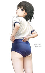 Rule 34 | 1girl, adjusting clothes, ass, black eyes, black hair, buruma, dated, gym uniform, hair tie, hanako (peanut), highres, looking at viewer, looking back, original, shirt, short hair, simple background, solo, t-shirt, thighs, translation request, white background