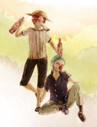 Rule 34 | 2boys, blue hair, bottle, buggy the clown, cheek pinching, clown nose, detached, disembodied hand, dismembered, full body, hat, male focus, multiple boys, one piece, pinching, ponytail, red hair, sandals, shanks (one piece), sitting, standing, straw hat