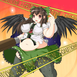 Rule 34 | 1girl, artist request, bad id, bad pixiv id, belly, blush, breasts, brown hair, caution tape, fat, female focus, gradient background, large breasts, midriff, navel, nerizou, plump, red eyes, reiuji utsuho, solo, thick thighs, thighhighs, thighs, touhou, wings