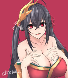 1girl ahoge azur_lane black_hair breasts cleavage collarbone crossed_bangs fingernails gradient_background hair_between_eyes hair_ribbon hands_up japanese_clothes kimono kinohal95 large_breasts looking_at_viewer mask mask_on_head off_shoulder open_mouth pink_background pink_eyes red_kimono red_ribbon ribbon smile solo striped_ribbon taihou_(azur_lane) twintails twitter_username upper_body