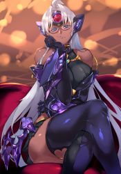 Rule 34 | 1girl, absurdres, android, bare shoulders, blue eyes, blurry, blurry background, breasts, closed mouth, commentary request, couch, crossed legs, dark-skinned female, dark skin, dress, elbow gloves, glasses, gloves, hand on own chin, headgear, highres, large breasts, lips, long hair, looking at viewer, negresco, nintendo, shiny clothes, shiny skin, short dress, silver hair, sitting, sleeveless, smile, solo, t-elos, t-elos re:, thighhighs, turtleneck, xenoblade chronicles (series), xenoblade chronicles 2, xenosaga, xenosaga episode iii