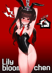 Rule 34 | 1girl, absurdres, angry, animal ears, armpits, arms behind head, arms up, bdsm, black leotard, blush, bondage, bound, bound arms, breasts, brown hair, cain (gunnermul), cleavage, clenched teeth, cowboy shot, detached collar, fake animal ears, gem, gradient background, grey background, groin, heart, highleg, highleg leotard, highres, leotard, lightning bolt symbol, lily bloomerchen, looking at viewer, medium breasts, motion lines, necktie, nose blush, playboy bunny, rabbit ears, red eyes, red necktie, ringlets, scythe, sidelocks, skull and crossbones, solo, soulworker, standing, strapless, strapless leotard, sweat, tearing up, tears, teeth, thighs, tiara, tsurime, wing collar