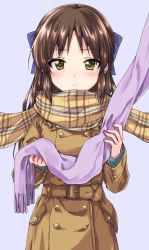Rule 34 | 1girl, blue background, blue bow, blush, bow, brown coat, brown eyes, brown hair, brown scarf, closed mouth, coat, commentary, hair bow, highres, idolmaster, idolmaster cinderella girls, kuroi mimei, light frown, long hair, long sleeves, looking at viewer, plaid, plaid scarf, scarf, simple background, solo, standing, tachibana arisu, trench coat, winter clothes