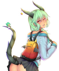 Rule 34 | &gt; &lt;, 2girls, :d, ass, backpack, bag, bahamut dianwan zixun zhan, bent over, black skirt, blush, breasts, closed eyes, cowboy shot, dark-skinned female, dark skin, dragon girl, dragon horns, dragon tail, from behind, green hair, hair over shoulder, hair tie, horn ornament, horns, leaning forward, long hair, long sleeves, looking at viewer, looking back, low twintails, medium breasts, mini person, minigirl, miniskirt, multiple girls, nikuku (kazedesune), no panties, off-shoulder, off-shoulder sweater, off shoulder, open mouth, orange eyes, original, revision, round teeth, simple background, skirt, sleeves past wrists, smile, star (symbol), sweater, tail, teeth, twintails, upskirt, white background, zipper