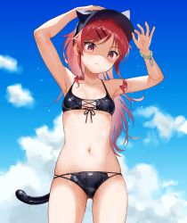 Rule 34 | 1girl, armpits, arms up, bare arms, bare shoulders, baseball cap, bikini, black bikini, black hat, blue sky, breasts, cat tail, chigusa asuha, closed mouth, cloud, collarbone, cowboy shot, day, fake horns, hair ornament, hair through headwear, hairclip, hand on headwear, hat, horned headwear, horns, long hair, looking at viewer, multi-strapped bikini, navel, outdoors, ponytail, qualidea code, red eyes, red hair, sekiya asami, shaded face, sidelocks, sky, small breasts, solo, standing, stomach, string bikini, swimsuit, tail, thighs, wet, wristband