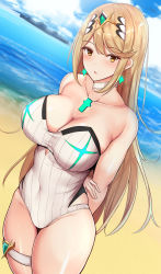 Rule 34 | 1girl, arm garter, arms behind back, bare shoulders, beach, blonde hair, blue sky, blush, breasts, chest jewel, cleavage, collarbone, day, earrings, highleg, highleg swimsuit, highres, jewelry, large breasts, long hair, looking at viewer, mythra (radiant beach) (xenoblade), mythra (xenoblade), noeomi, one-piece swimsuit, open mouth, shore, sky, solo, striped clothes, striped one-piece swimsuit, swept bangs, swimsuit, thigh strap, thighs, tiara, vertical-striped clothes, vertical-striped one-piece swimsuit, white one-piece swimsuit, xenoblade chronicles (series), xenoblade chronicles 2, yellow eyes