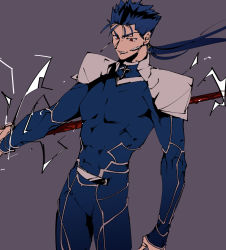 Rule 34 | 1boy, armor, blue hair, cu chulainn (fate), cu chulainn (fate/stay night), earrings, fate (series), gae bolg (fate), highres, holding, holding weapon, jewelry, long hair, male focus, mifts09, polearm, ponytail, red eyes, solo, sparks, spear, weapon