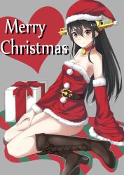 Rule 34 | 10s, 1girl, alternate costume, bad id, bad pixiv id, bare shoulders, bell, belt, black hair, boots, box, brown eyes, brown footwear, choker, christmas, cross-laced footwear, detached sleeves, dress, fur trim, gen (gen 7254), gen withillust, gift, gift box, grey background, haruna (kancolle), hat, heart, highres, kantai collection, knee boots, lace-up boots, looking at viewer, merry christmas, neck bell, red dress, santa costume, santa hat, simple background, sitting, solo, strapless, strapless dress