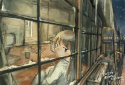 Rule 34 | 1girl, 2023, absurdres, black eyes, brown hair, from outside, highres, long hair, long sleeves, looking at viewer, looking back, looking outside, night, original, papers drivers, parted lips, shirt, sitting, solo, translation request, white shirt, window