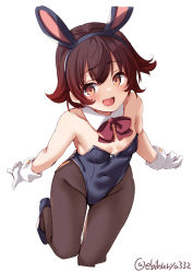 Rule 34 | 1girl, alternate costume, animal ear hairband, animal ears, black leotard, bow, bowtie, breasts, brown hair, cleavage, covered navel, detached collar, ebifurya, fake animal ears, gloves, gradient hair, hair between eyes, highres, kantai collection, leotard, looking at viewer, multicolored hair, mutsuki (kancolle), open mouth, pantyhose, playboy bunny, rabbit ear hairband, rabbit ears, red bow, red bowtie, red hair, short hair, simple background, smile, solo, standing, standing on one leg, strapless, strapless leotard, white background, white gloves, wing collar, wrist cuffs