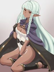 Rule 34 | 1girl, aqua hair, black cape, braid, breasts, bug, butterfly, cape, cleavage, cloak, commentary request, covered navel, dangouo ty, dark-skinned female, dark skin, eyelashes, frilled leotard, frills, full body, gold trim, gradient background, grey background, highres, insect, leotard, long hair, medium breasts, pink leotard, pointy ears, purple cloak, red eyes, rosalinde (unicorn overlord), simple background, sitting, solo, twin braids, unicorn overlord, very long hair