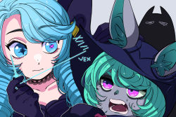 Rule 34 | 2girls, black gloves, black robe, blue hair, closed mouth, collarbone, colored skin, drill hair, fang, gloves, green eyes, green hair, grey background, grey skin, gwen (league of legends), highres, hiyari (hiyarilol), hood, hood up, hooded robe, league of legends, long hair, looking at another, multiple girls, needle, open mouth, outline, pink eyes, portrait, robe, sewing, sewing needle, short hair, simple background, star-shaped pupils, star (symbol), swept bangs, symbol-shaped pupils, teeth, twin drills, vex (league of legends), white outline, yordle