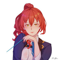 Rule 34 | 1girl, 678749155, earrings, hair between eyes, highres, holding, honkai (series), honkai impact 3rd, jewelry, lipstick, long sleeves, looking at viewer, makeup, murata himeko, nail polish, necktie, ponytail, red hair, red nails, simple background, smile, solo, stick, teacher, white background, yellow eyes