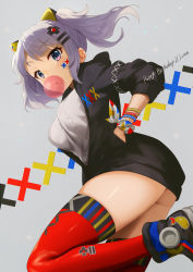 Rule 34 | 1girl, ankle boots, ass, azuki yui, black footwear, black jacket, blue eyes, blush, boots, breasts, blowing bubbles, character name, chewing gum, commentary request, d-pad, d-pad hair ornament, from below, grey background, grey hair, grey shirt, hair ornament, hairclip, hand in pocket, jacket, kaguya luna, long hair, long sleeves, looking at viewer, looking down, medium breasts, multicolored eyes, no pants, open clothes, open jacket, partial commentary, pink eyes, red thighhighs, ribbon, shirt, solo, standing, standing on one leg, the moon studio, thighhighs, twintails, virtual youtuber, wrist ribbon, wristband