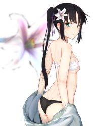 Rule 34 | 1girl, ass, back, bad id, bad twitter id, bare shoulders, black hair, black panties, blue eyes, blurry, blush, bra, breasts, chinese clothes, cowboy shot, depth of field, fate/grand order, fate (series), flower, hair ornament, highres, jing ke (fate), long hair, looking at viewer, looking back, panties, ponytail, ribbon, small breasts, solo, underwear, underwear only, white background