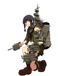 Rule 34 | 1girl, black eyes, black hair, blunt bangs, braid, damaged, defeat, full body, green skirt, hair over shoulder, kantai collection, kitakami (kancolle), kitakami kai (kancolle), kneeling, long hair, long sleeves, machinery, official art, on one knee, open mouth, pleated skirt, school uniform, serafuku, shibafu (glock23), single braid, skirt, solo, tachi-e, torn clothes, torn skirt, transparent background, turret