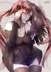 Rule 34 | 1girl, alternate costume, bare shoulders, black wings, bow, cardigan, cellphone, colorized, grey background, hair bow, highres, himekaidou hatate, long hair, looking at viewer, no headwear, off shoulder, omo (utakatadice), open mouth, panties, phone, pink eyes, shirt, sketch, sleeveless, solo, thighhighs, touhou, twintails, underwear, wings