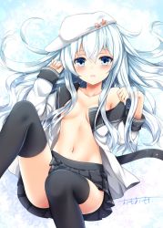 Rule 34 | 1girl, black thighhighs, blouse, blue eyes, blush, hair between eyes, hammer and sickle, hat, hibiki (kancolle), highres, kantai collection, long hair, long sleeves, looking at viewer, lying, navel, no bra, omoomomo, on back, open clothes, open shirt, pleated skirt, shirt, silver hair, skirt, solo, star (symbol), thighhighs, verniy (kancolle), white hat