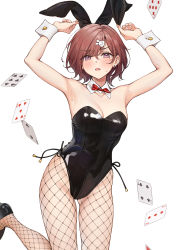 Rule 34 | 1girl, :o, ameyame, animal ears, armpits, arms up, bare shoulders, black footwear, black leotard, bow, bowtie, breasts, brown hair, rabbit hair ornament, card, detached collar, earrings, fake animal ears, fishnet pantyhose, fishnets, frown, gluteal fold, hair ornament, high heels, highleg, highleg leotard, highres, higuchi madoka, idolmaster, idolmaster shiny colors, jewelry, latex, latex leotard, leg up, leotard, looking at viewer, medium breasts, mole, mole under eye, open mouth, pantyhose, playboy bunny, playing card, purple eyes, rabbit ears, shoes, short hair, simple background, solo, strapless, strapless leotard, stud earrings, sweat, thighs, white background, wrist cuffs